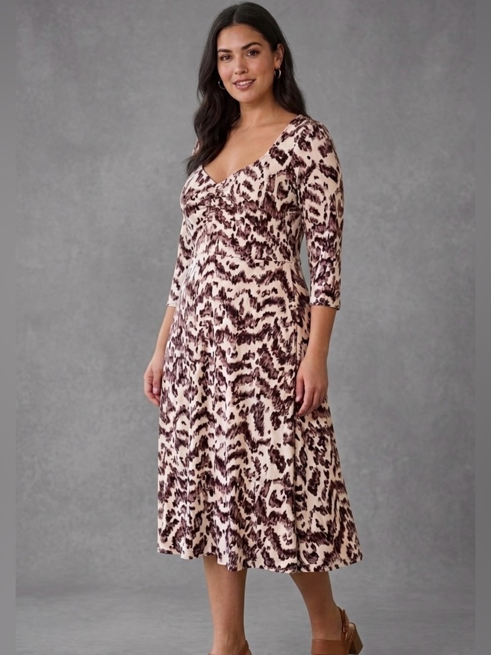 Printed Midi Dress in Cream and Brown - Picture 1 of 7